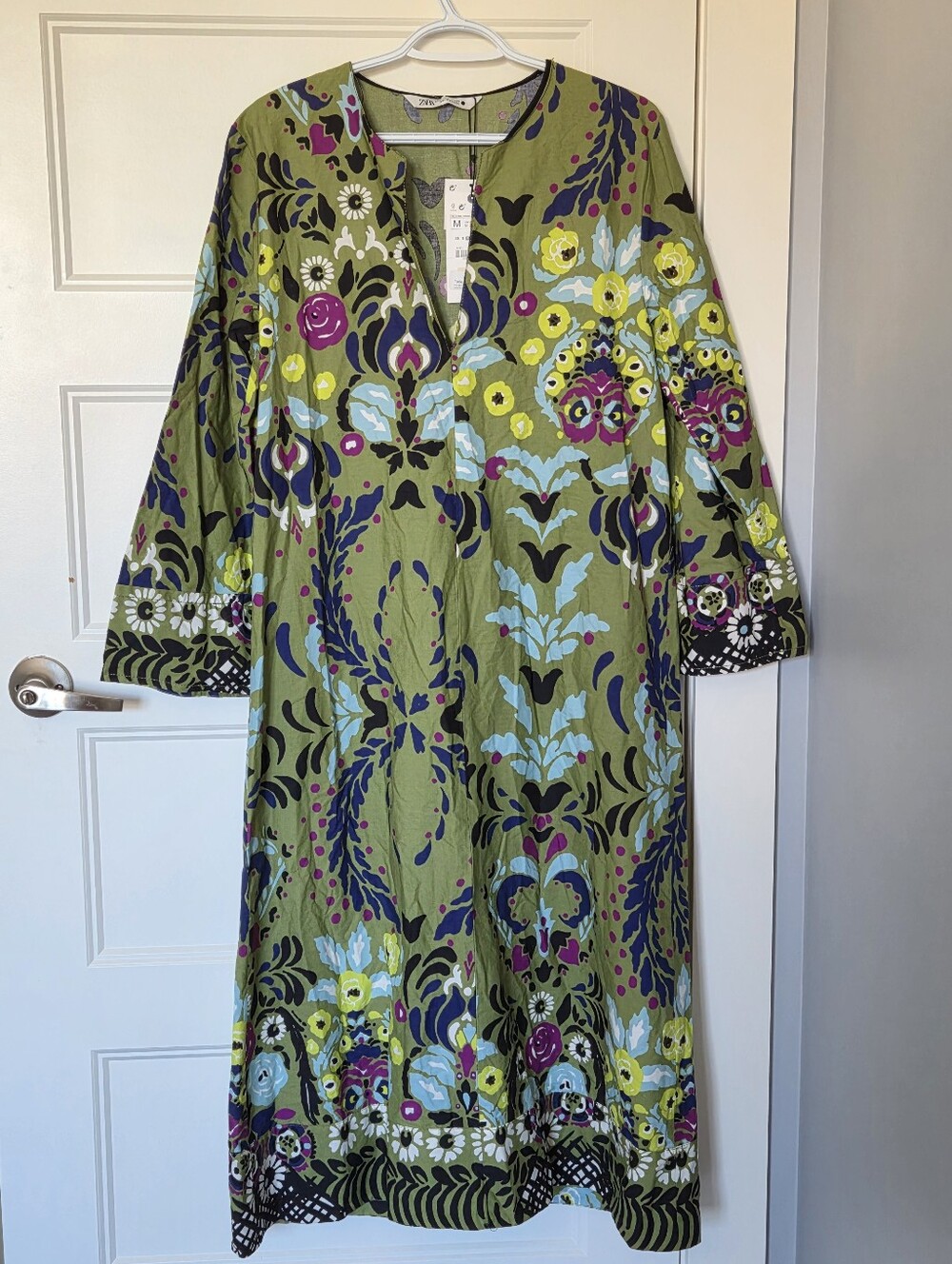 NWT Zara Green Damask 100% Cotton Midi Tunic Dress Sz M Dopamine Dressing